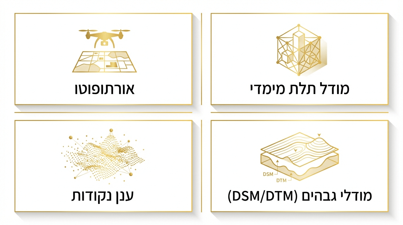תוצרי סקר מיפוי רחפן - אורתופוטו, מודל תלת-ממד, ענן נקודות ומודלי גבהים