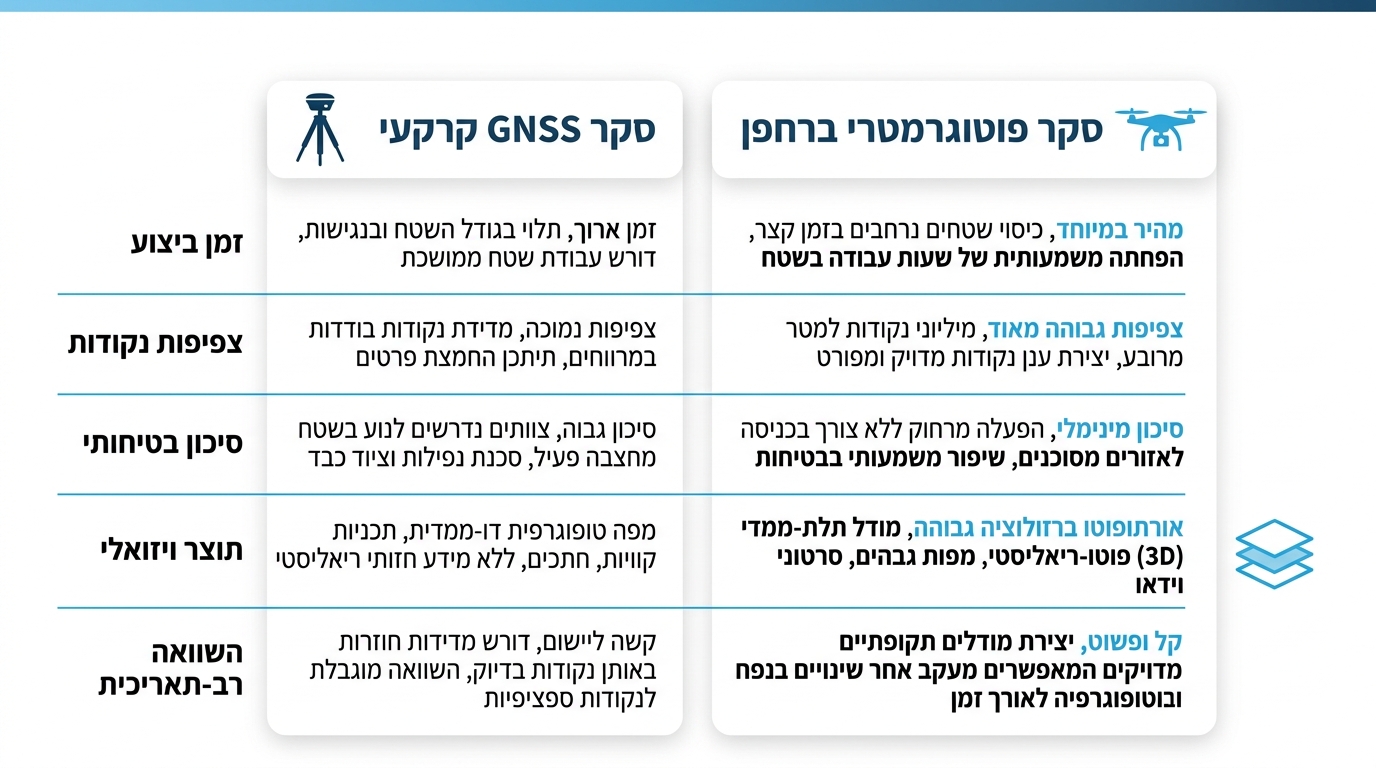 השוואה בין מדידה קרקעית לסקר רחפן במחצבה